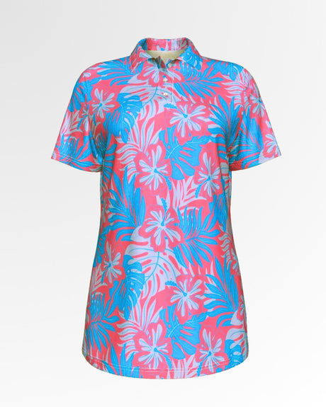 Golf polo shirt with a pink, blue, and white floral pattern.