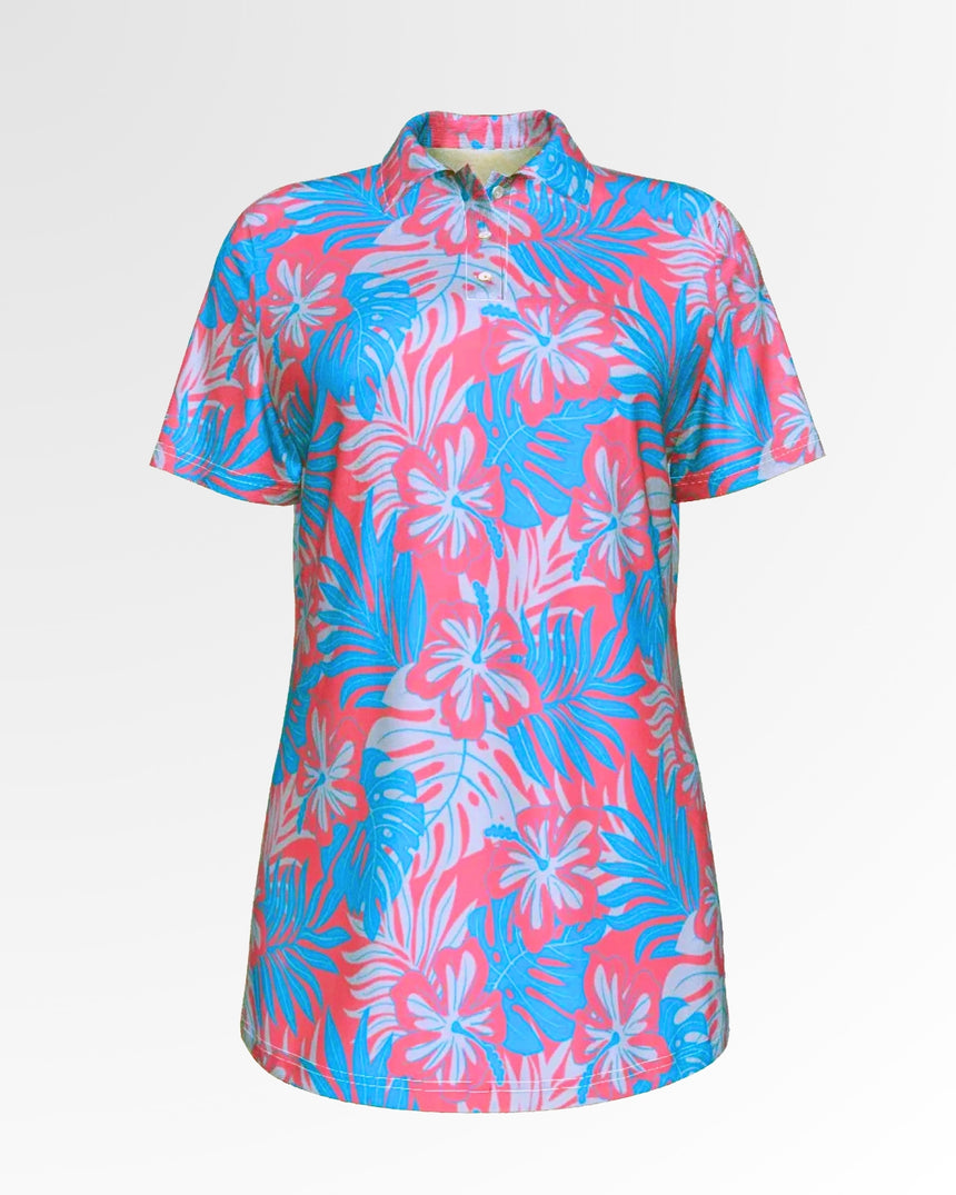 Golf polo shirt with a pink, blue, and white floral pattern.