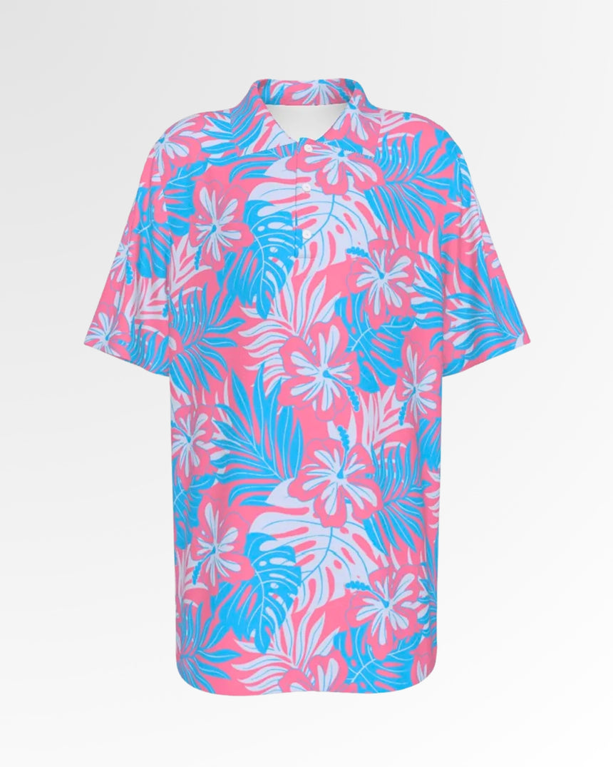 Golf polo shirt with a pink, blue, and white floral pattern.