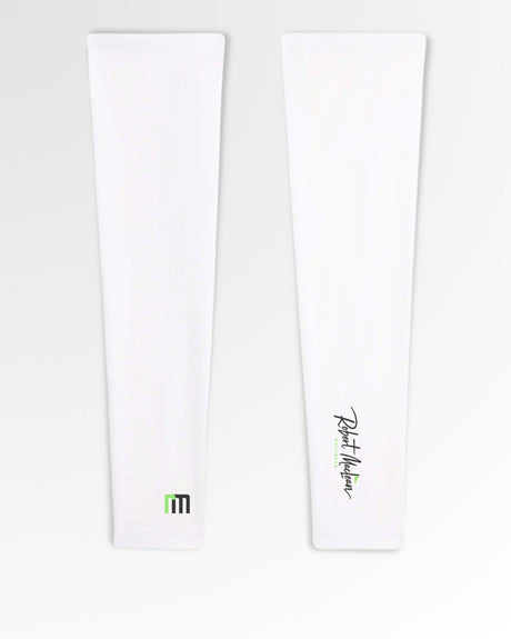 Two white Robert Maclean Golfwear polo shirts, one with the brand's logo on the left and the other with the brand's name in cursive on the right.