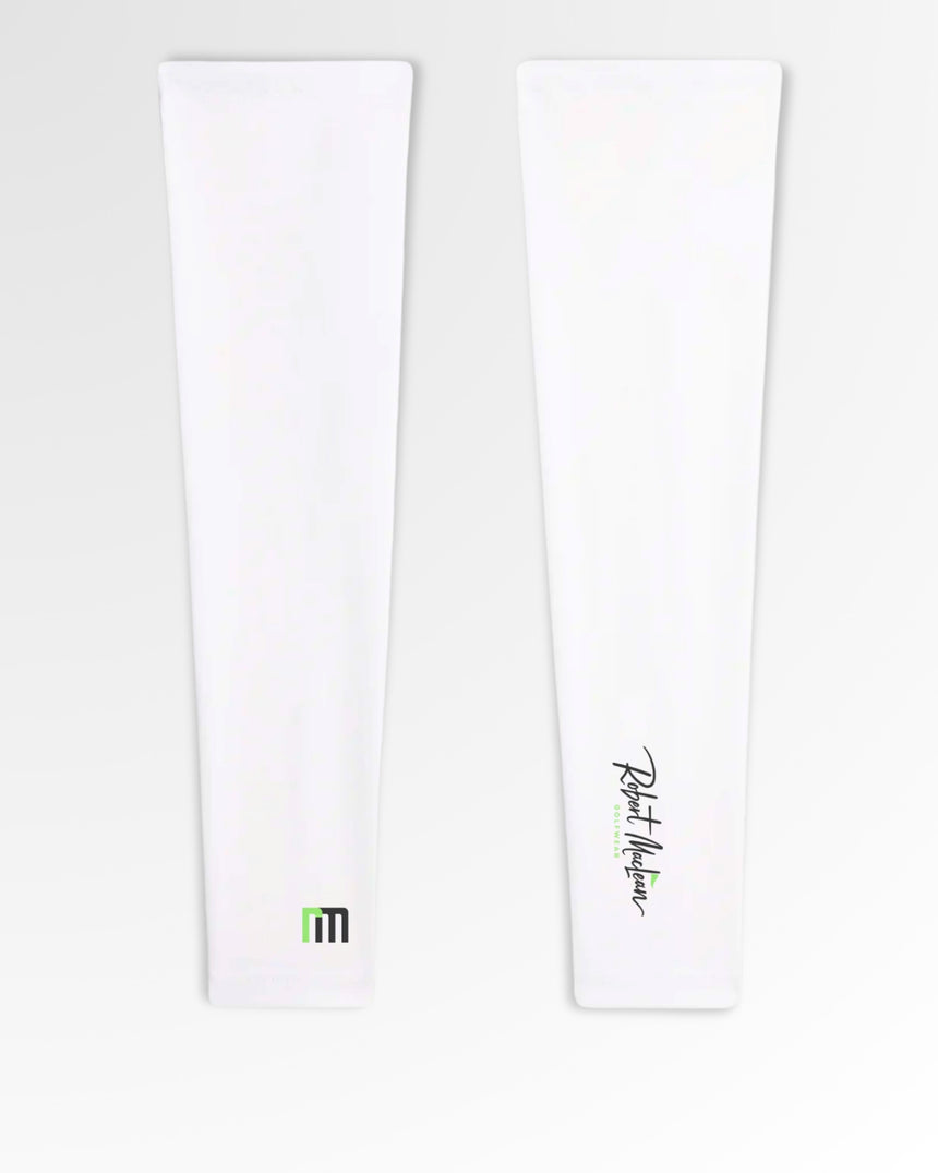 Two white Robert Maclean Golfwear polo shirts, one with the brand's logo on the left and the other with the brand's name in cursive on the right.