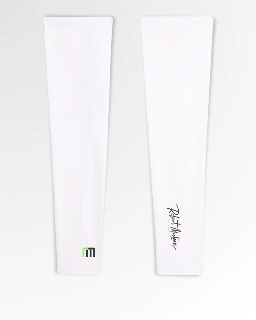 Two white Robert Maclean Golfwear polo shirts, one with the brand's logo on the left and the other with the brand's name in cursive on the right.