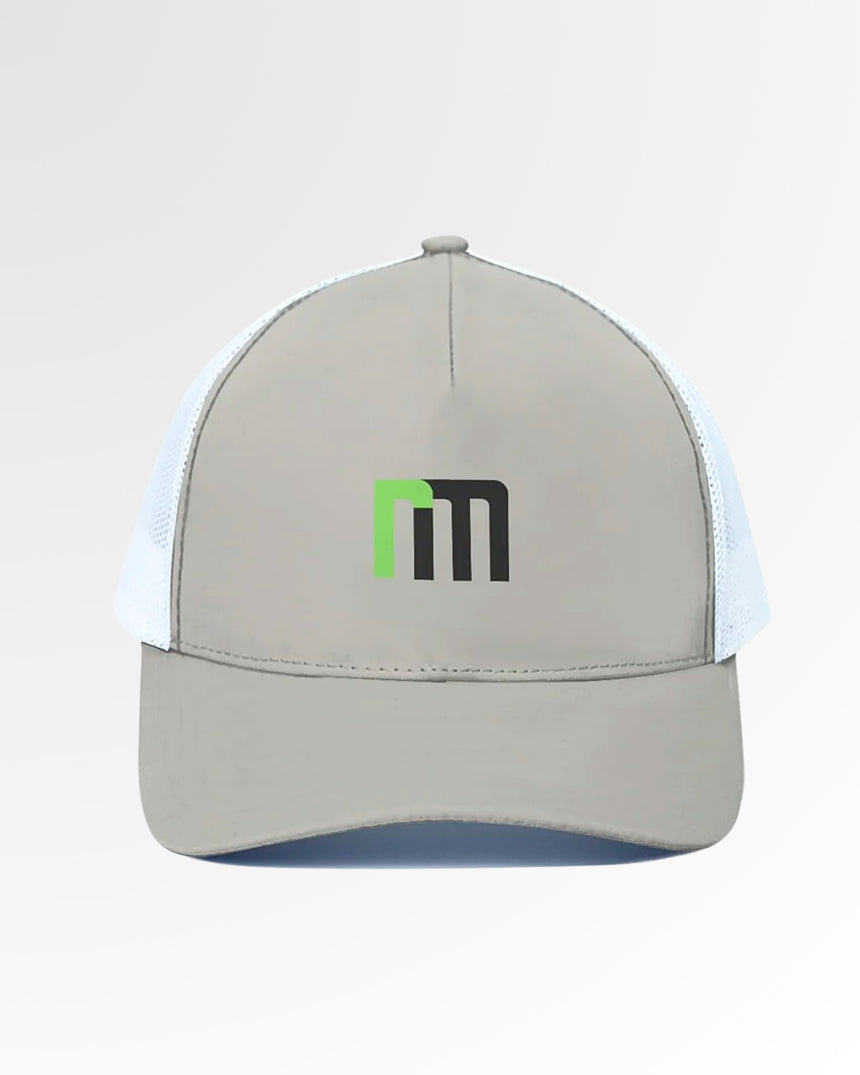 Gray golf hat with white mesh and brand logo.