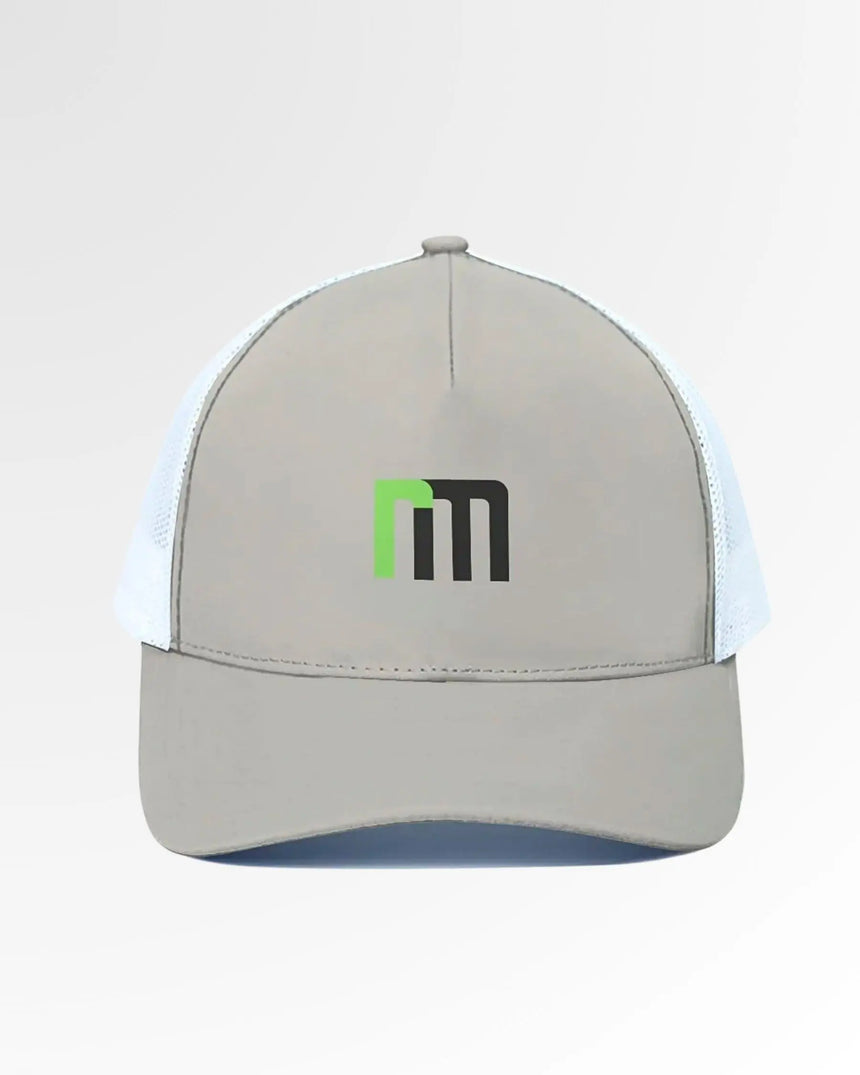 Gray golf hat with white mesh and brand logo.