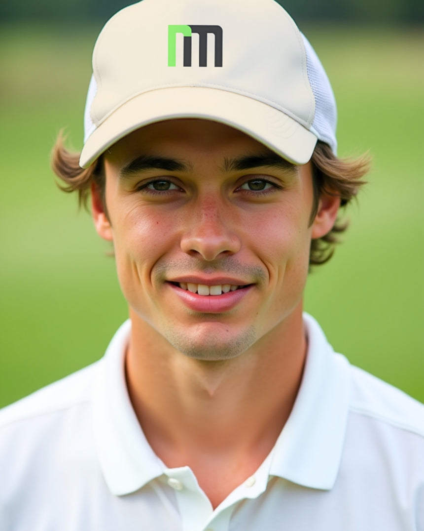 A smiling man in a golf polo and hat with the brand's logo.