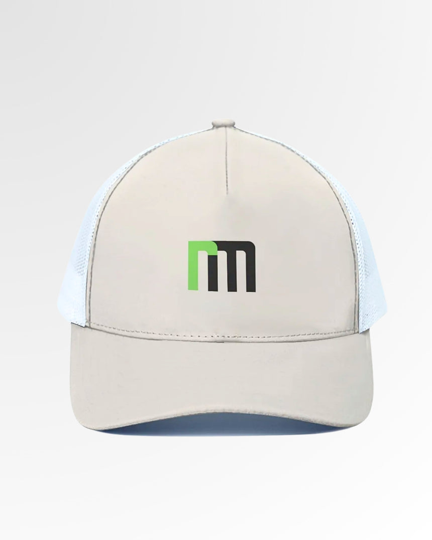 Golf wear brand hat in light beige with a green and black logo on the front.