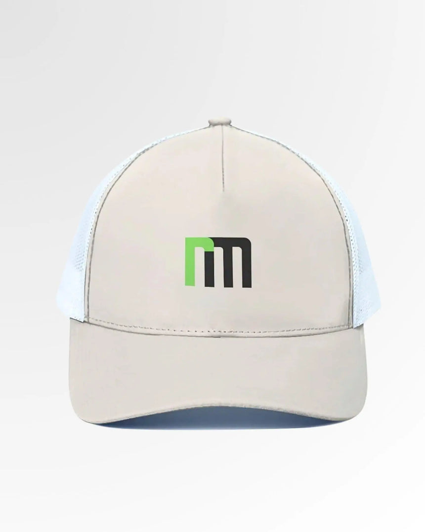 Golf wear brand hat in light beige with a green and black logo on the front.