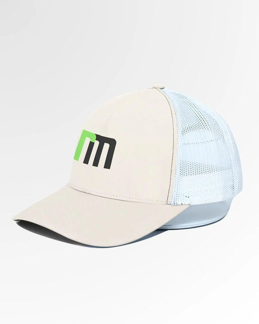 Golf wear brand hat in tan and white with logo.