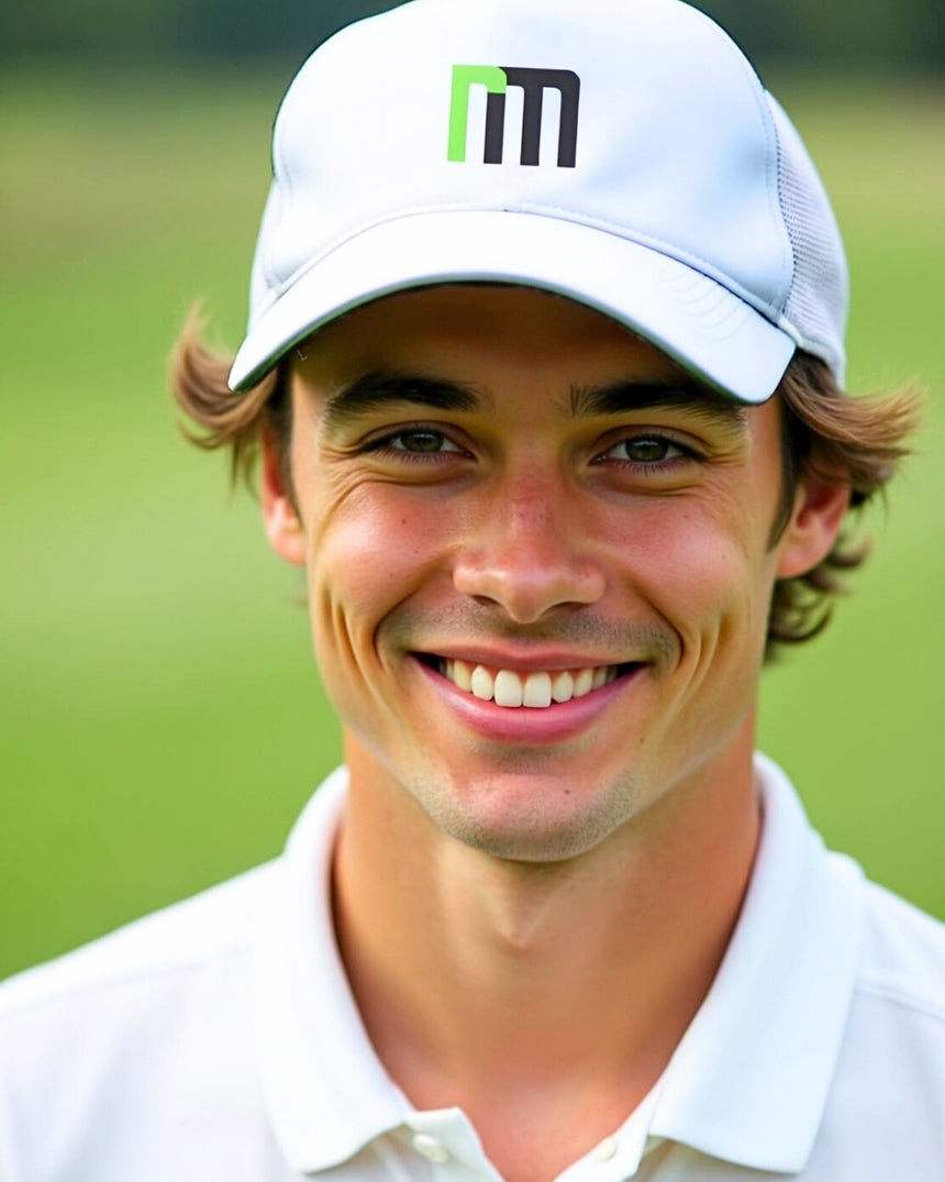 A smiling man in a golf polo and hat with the brand's logo.