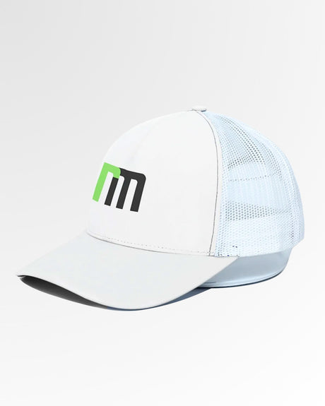 A white golf hat with a green and black logo on a white background.