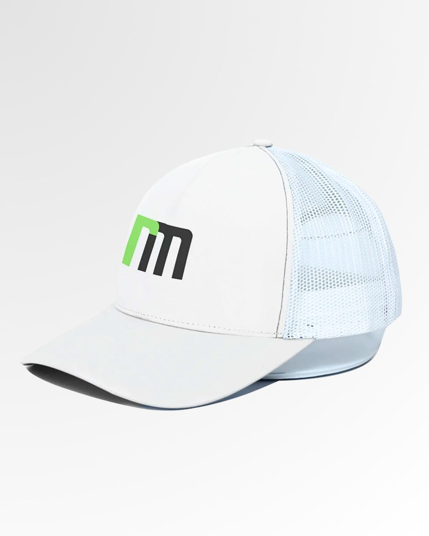 A white golf hat with a green and black logo on a white background.