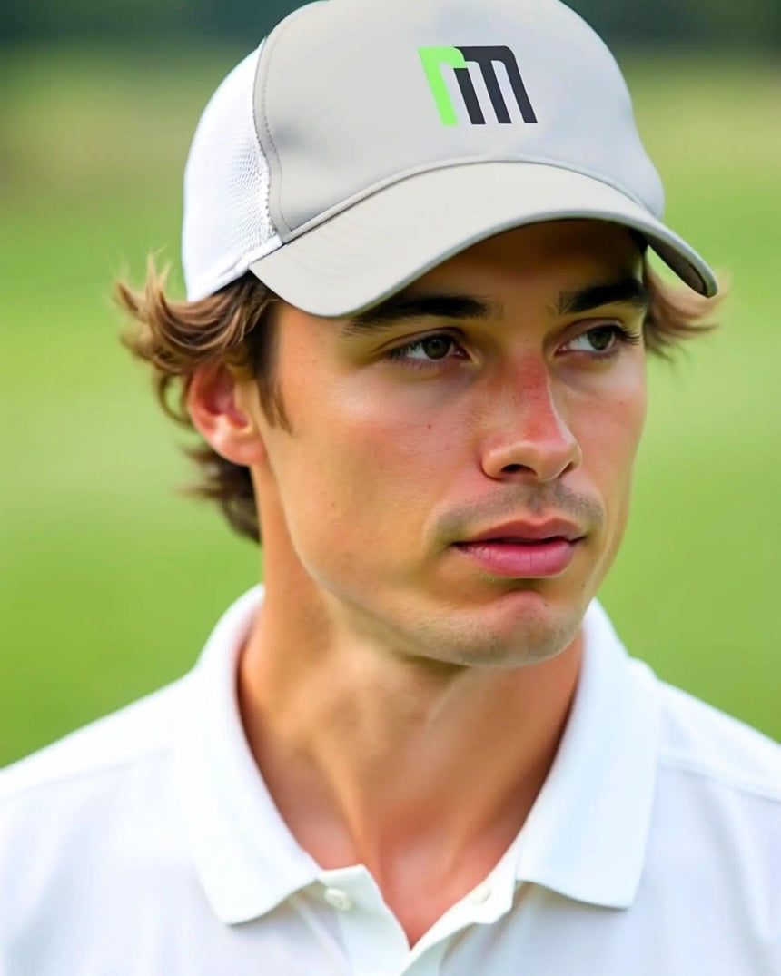 A man wearing a white golf polo and a gray hat with a logo.