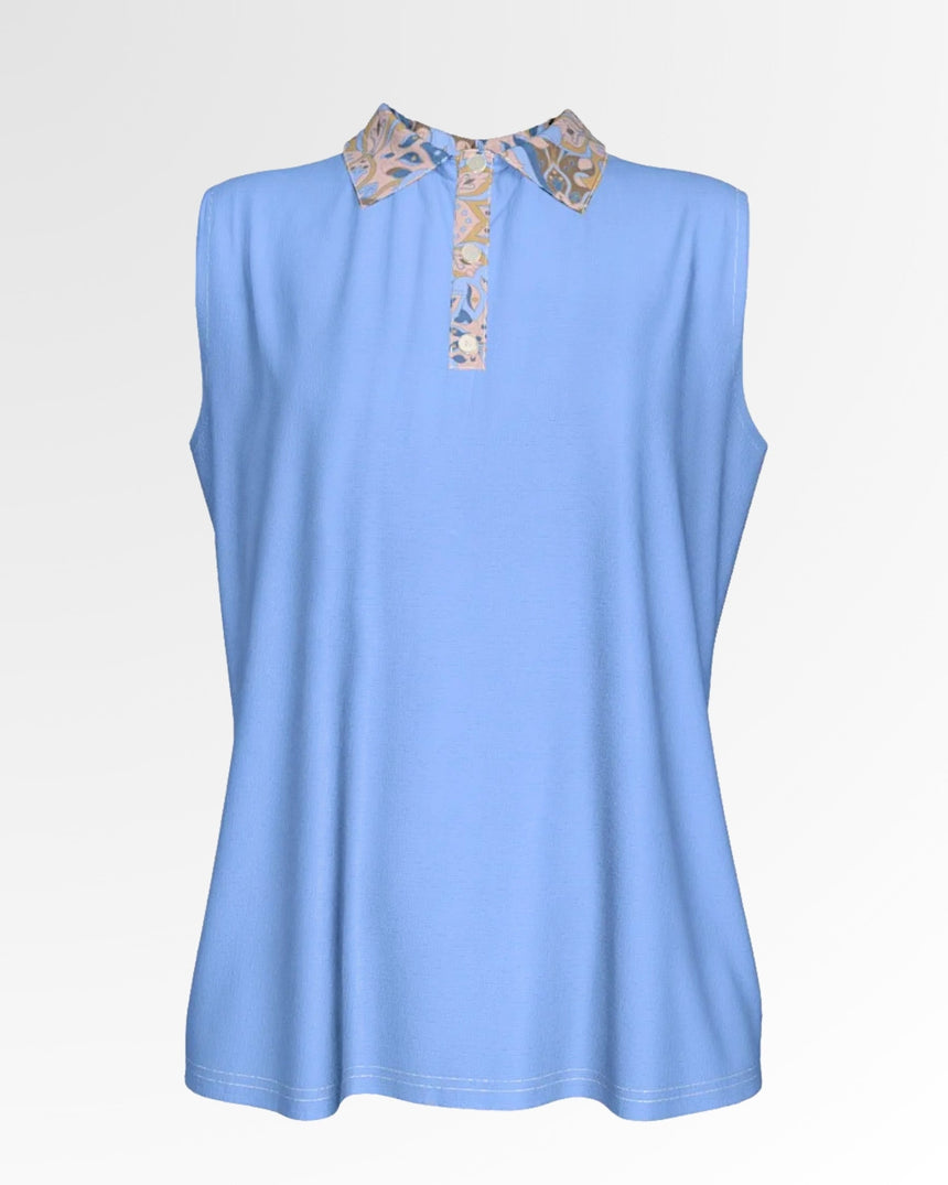 Sleeveless light blue golf polo with a patterned collar and placket.