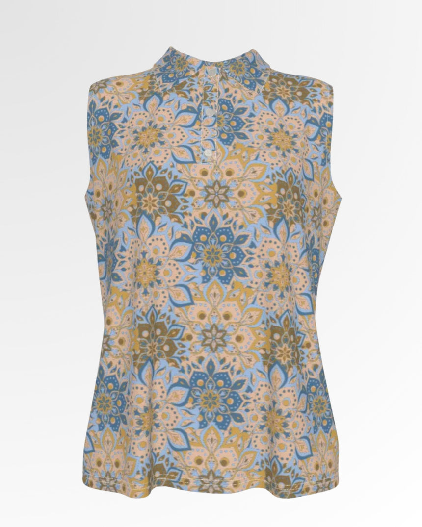 Sleeveless golf polo with a blue, tan, and brown floral pattern.