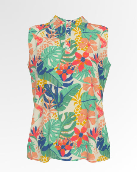 Sleeveless golf polo with a colorful tropical floral pattern.