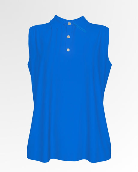 A sleeveless, bright blue golf polo shirt with three silver buttons on a white background.
