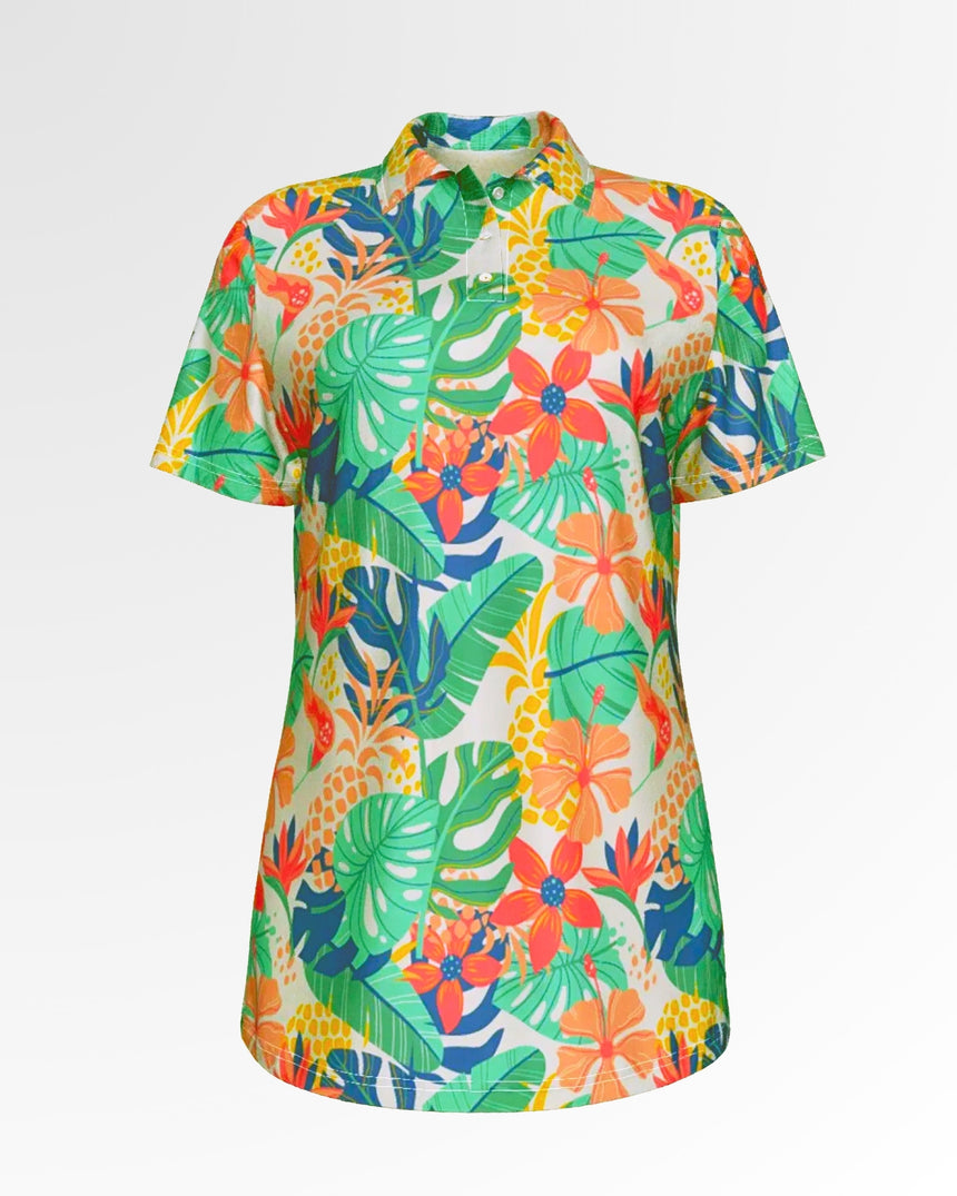 Golf polo shirt with a tropical floral and pineapple print.