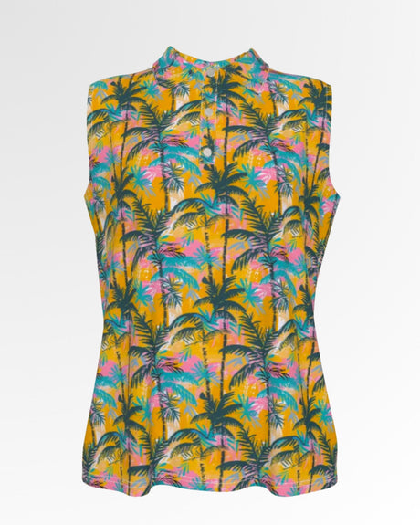 Sleeveless golf polo shirt with a colorful palm tree print.