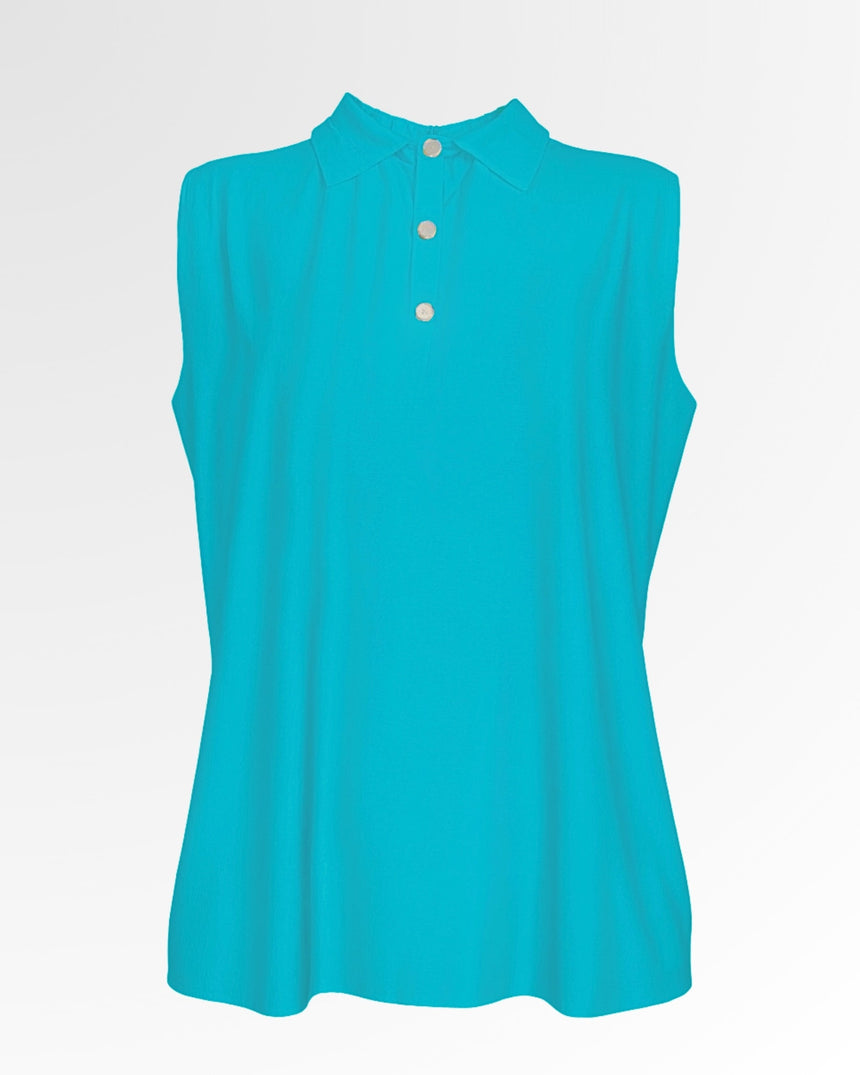 Sleeveless turquoise golf polo shirt with three buttons.