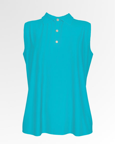 A sleeveless, bright turquoise golf polo shirt with a classic collar and three white buttons, displayed on a white background.