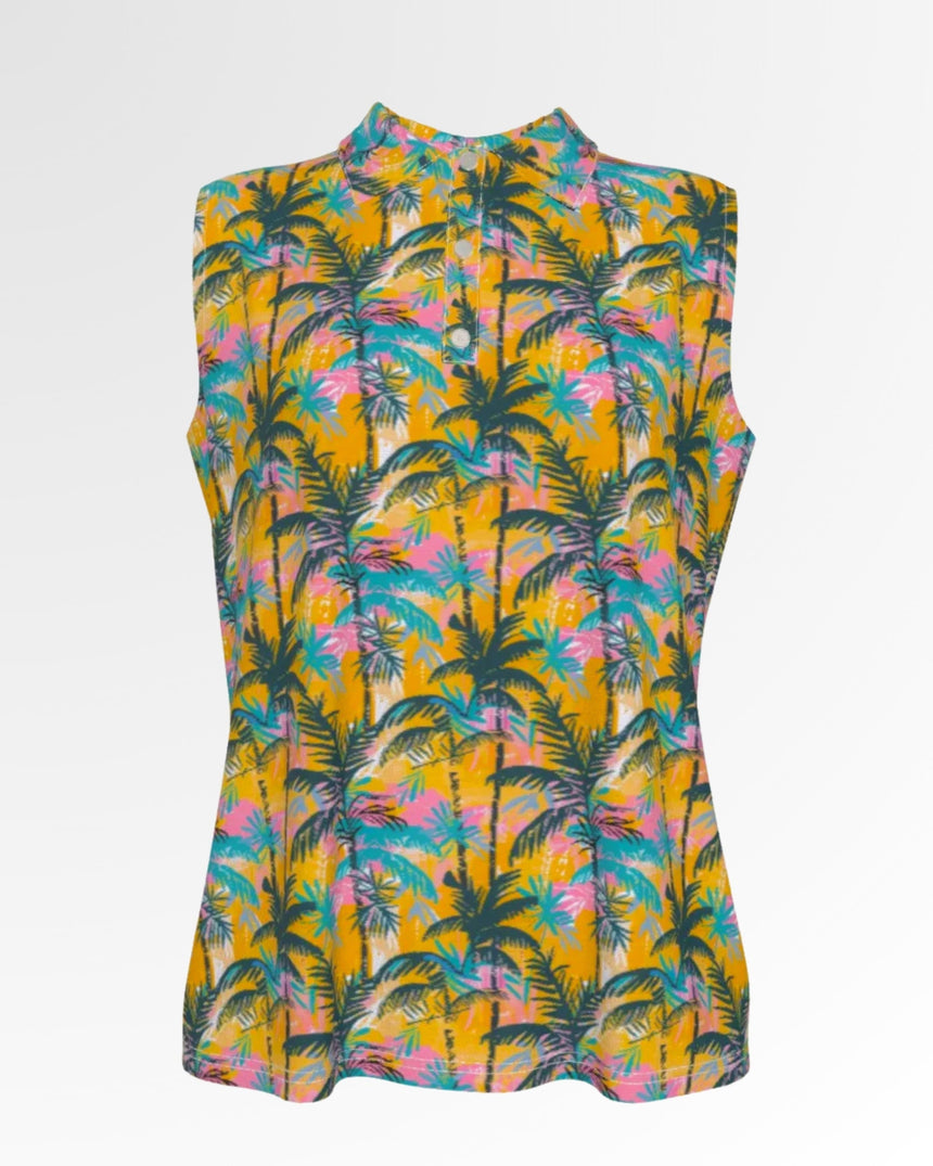 Sleeveless golf polo shirt with a bright yellow background and a colorful palm tree print.