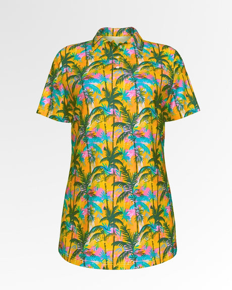 A golf polo with a vibrant palm tree pattern.