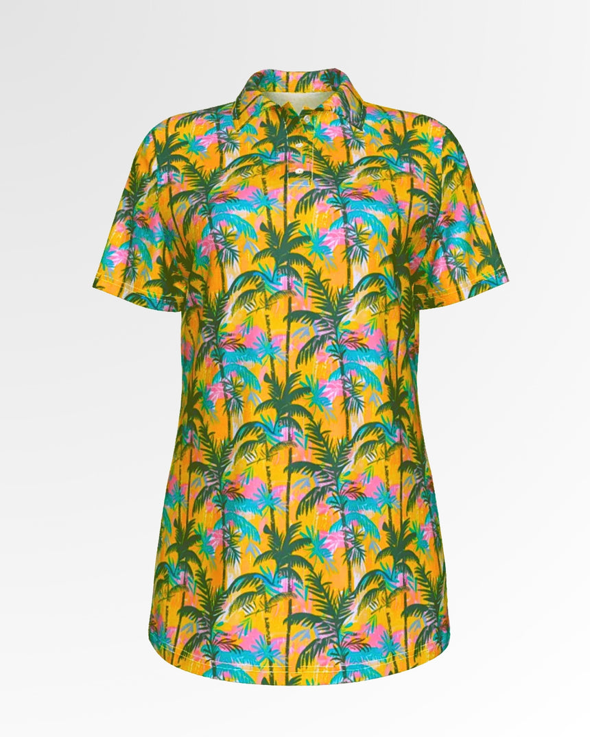 A golf polo with a vibrant palm tree pattern.