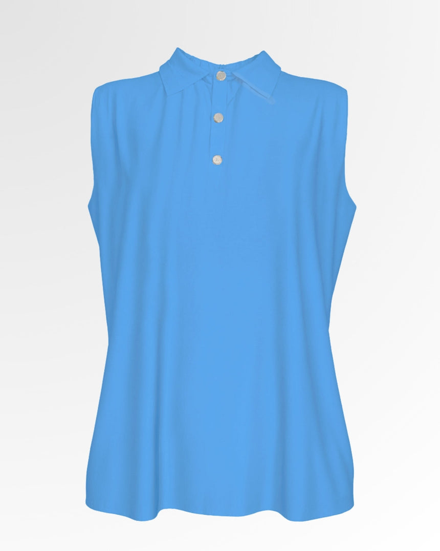 A sleeveless light blue golf polo shirt with three buttons on a white background.