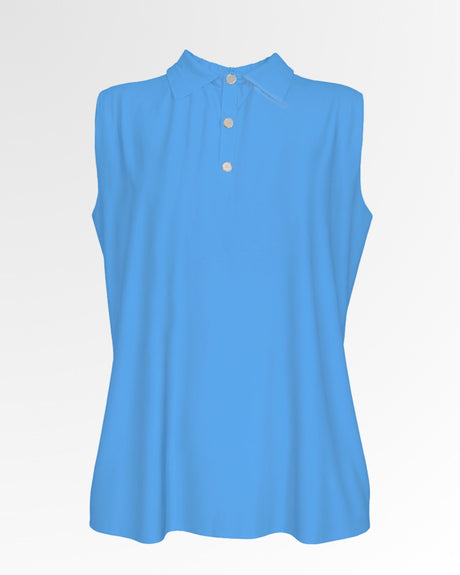 Sleeveless light blue golf polo shirt with three buttons on a white background.
