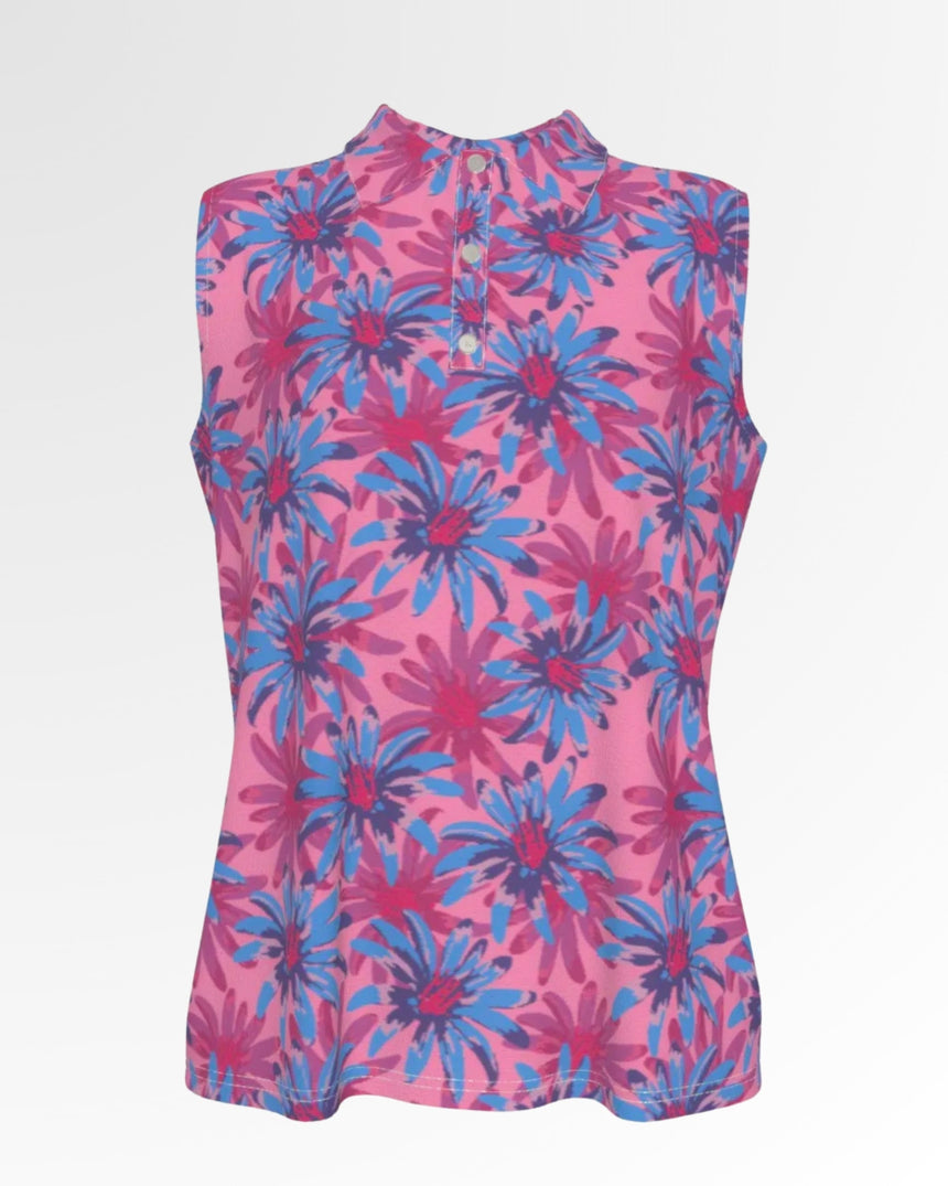 Sleeveless golf polo shirt in pink with blue and magenta floral pattern.