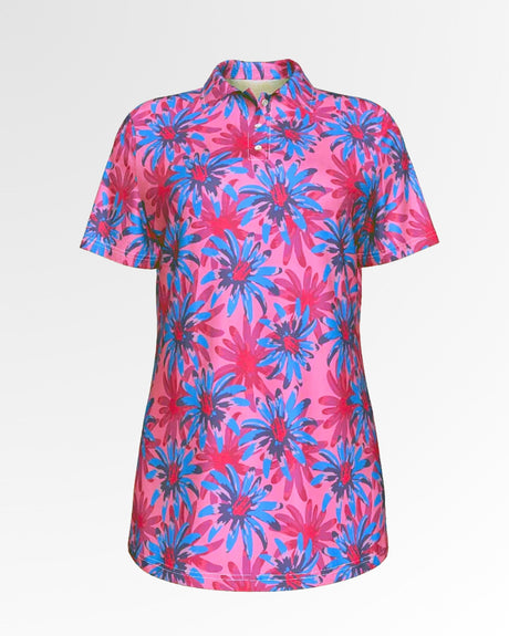 A pink golf polo with a blue and red floral pattern.