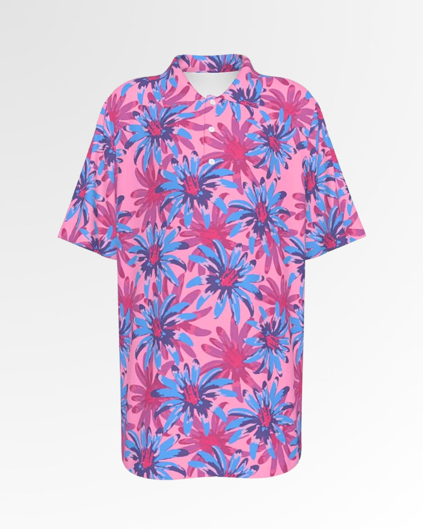 Golf polo shirt in a pink floral pattern with blue and purple flowers.