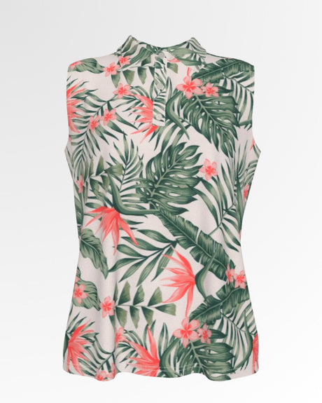 Sleeveless golf polo with a tropical floral pattern.