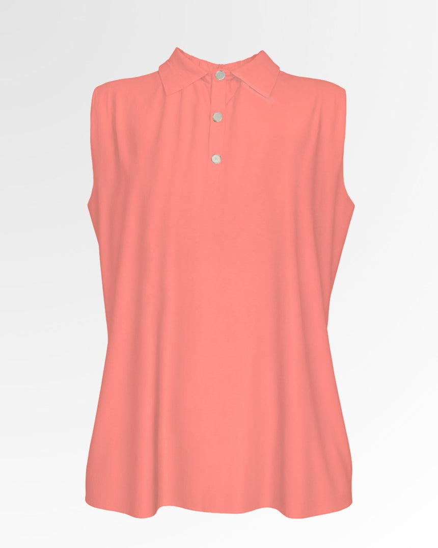 Sleeveless coral golf polo shirt with three white buttons.