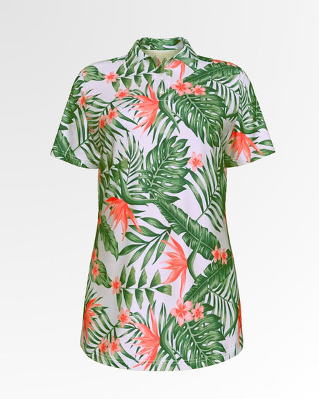 Golf polo shirt with a tropical floral and leaf pattern.