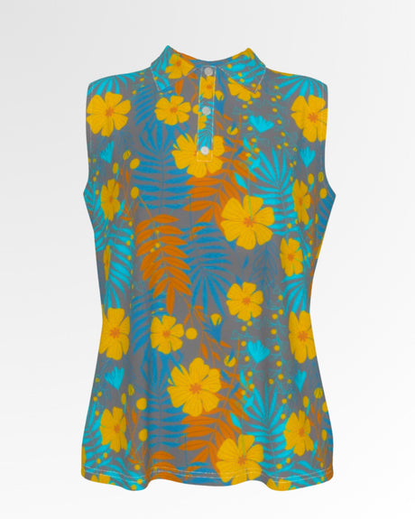 Sleeveless golf polo shirt with a gray background and a pattern of yellow flowers, orange leaves, and blue palm fronds.