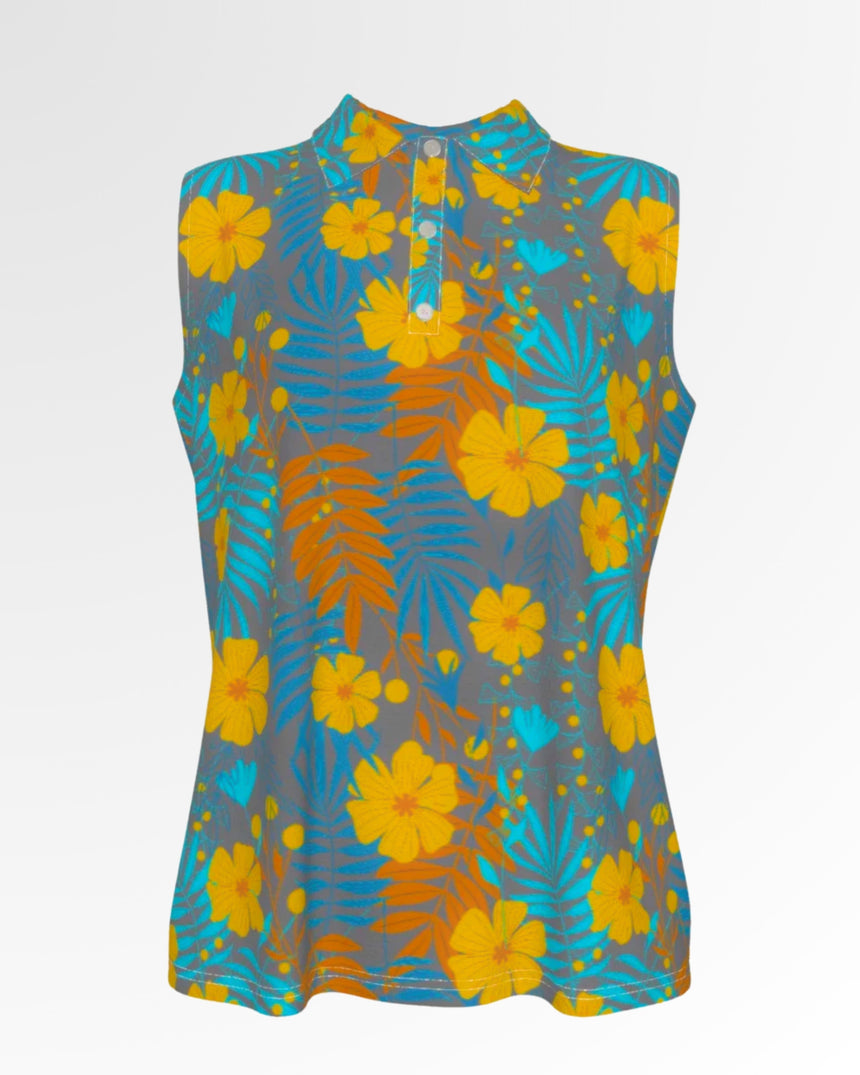Sleeveless golf polo shirt with a gray background and a pattern of yellow flowers, orange leaves, and blue palm fronds.