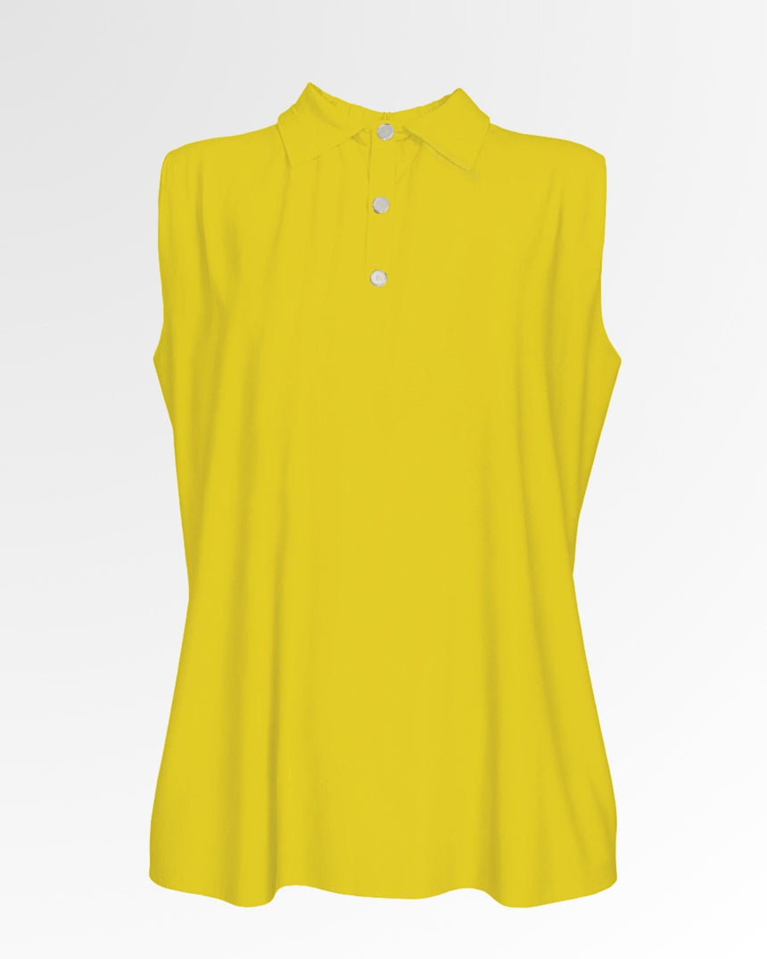 Sleeveless yellow golf polo shirt with three white buttons.