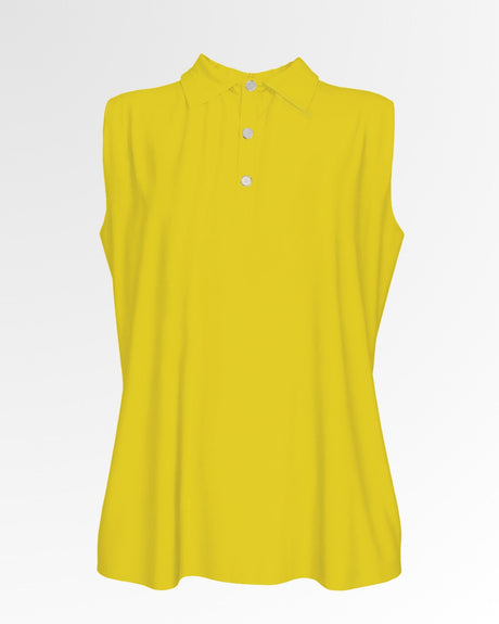 A yellow sleeveless golf polo shirt with three white buttons.