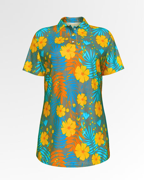 Golf polo shirt with a floral and leaf pattern.