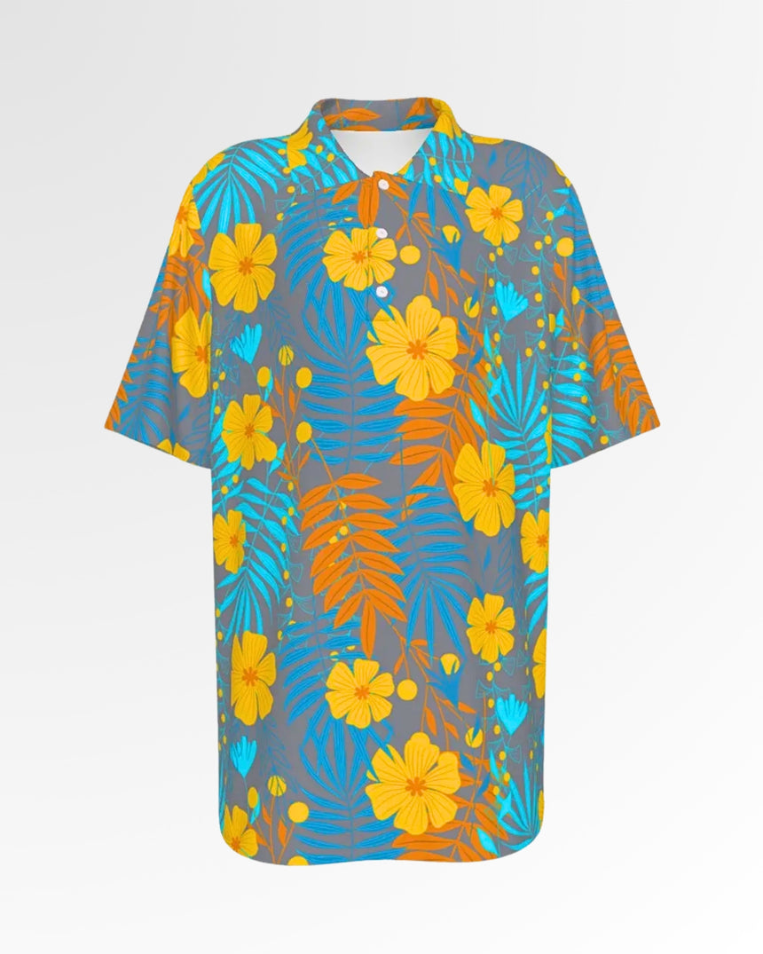 Golf polo shirt with a gray background and a pattern of yellow flowers, blue palm leaves, and orange leaves.
