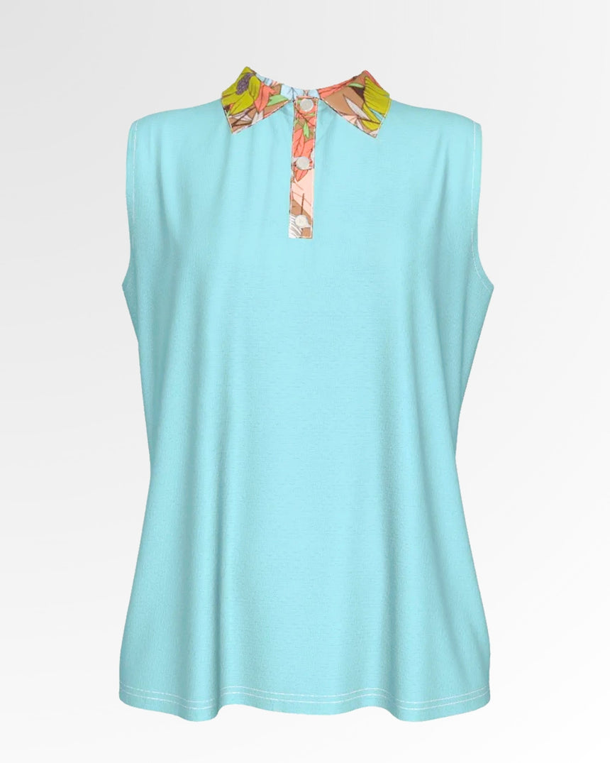 Sleeveless light blue golf polo with a floral print collar and placket.