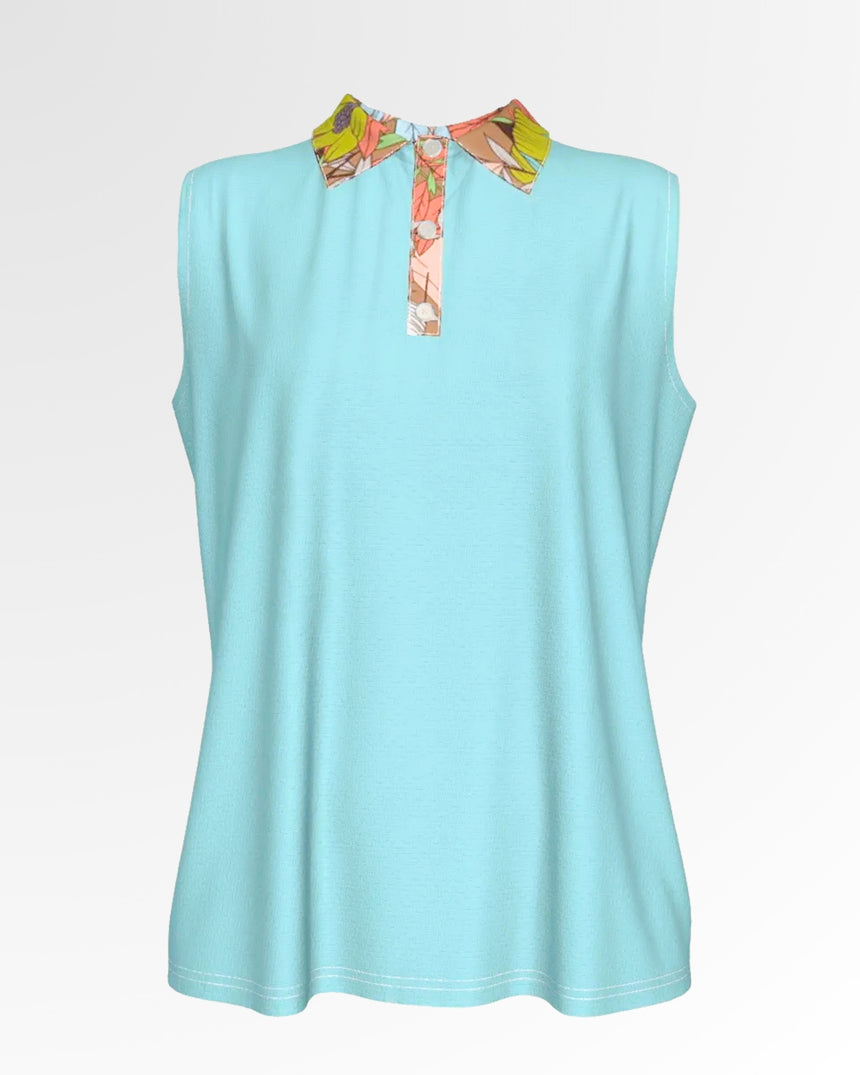 A sleeveless light blue golf polo with a floral print collar and placket.