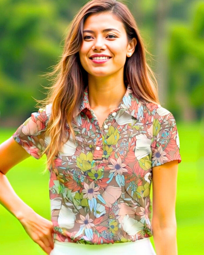 A smiling woman wearing a floral golf polo with her hand on her hip.