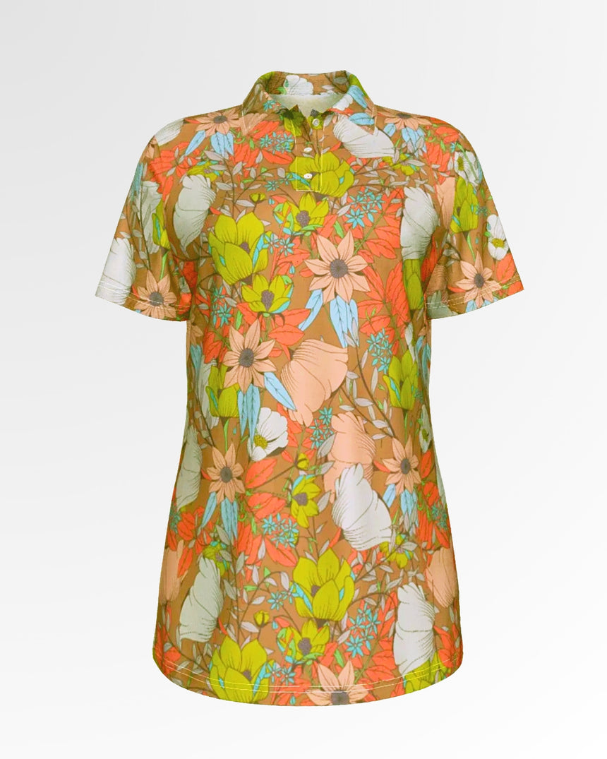 A golf polo with a retro floral pattern.