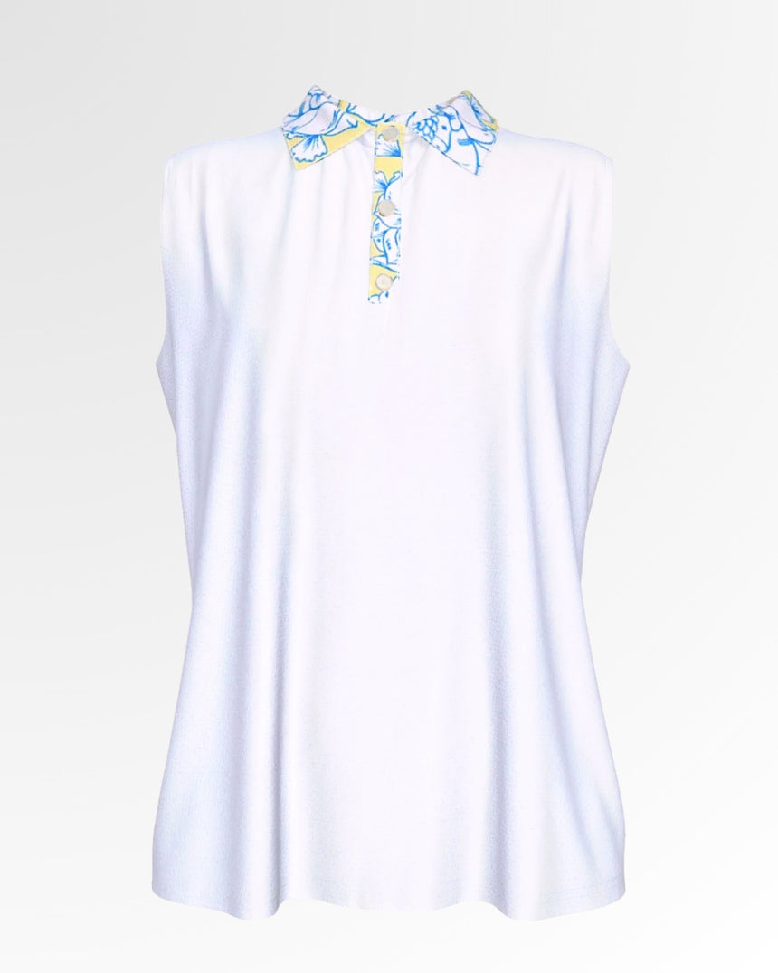 Sleeveless white golf polo with a floral print collar and placket.
