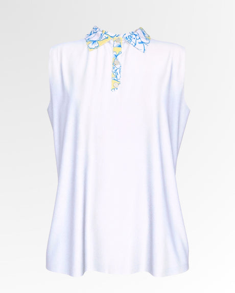 A white sleeveless golf polo with a yellow and blue floral pattern on the collar and placket.