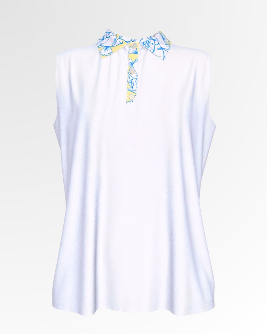 A white sleeveless golf polo with a yellow and blue floral pattern on the collar and placket.
