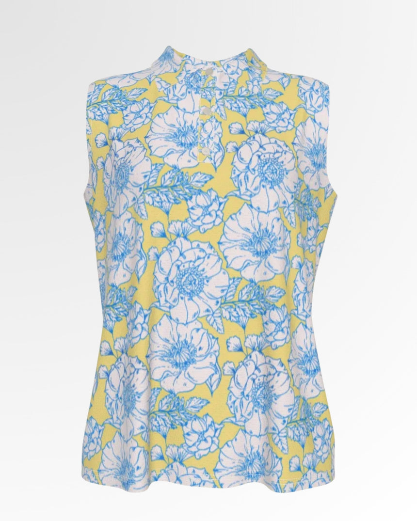 A sleeveless golf polo with a yellow background and a white and blue floral pattern.