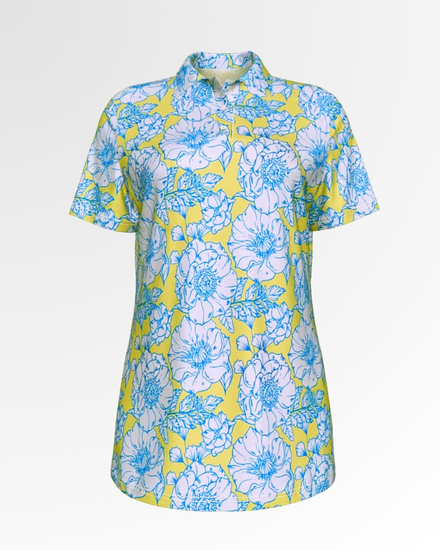Golf polo shirt in a yellow floral print.